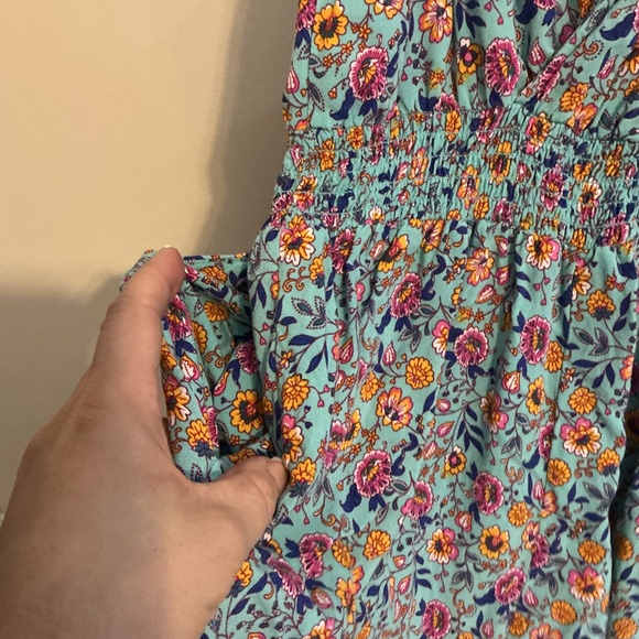 Bebop Boho Floral Sleeveless Romper | Turquoise Blue | Tassel Tie | Size Large - Picture 13 of 15